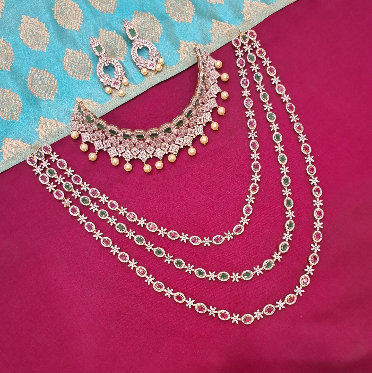 Rental Jewelry - AD GJ Simple Bridal Jewelry with Green and Ruby Zircon stones