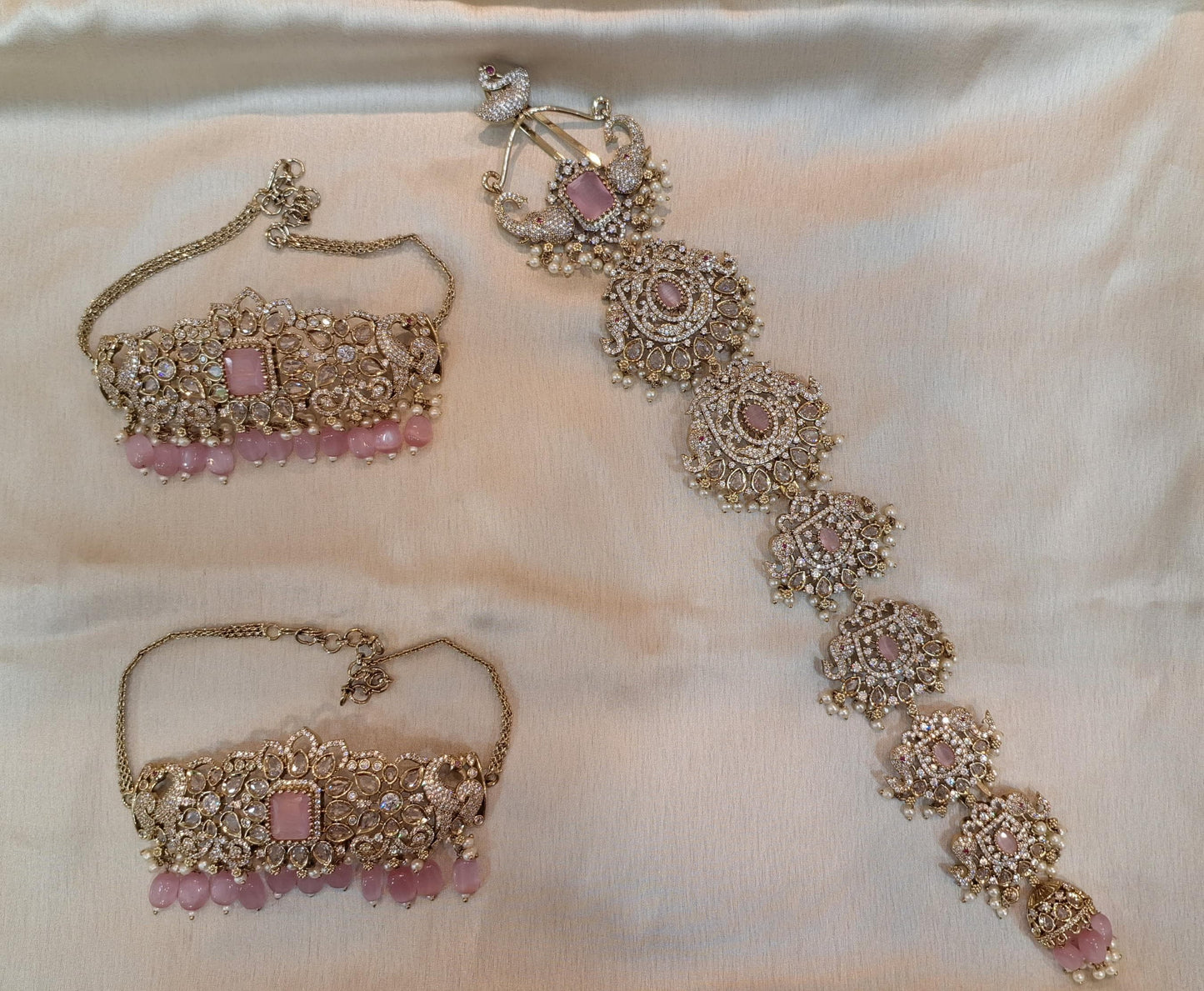 Rental Jewelry - Mehendi Victorian Bridal Jewelry with Baby Pink Masonite Stones