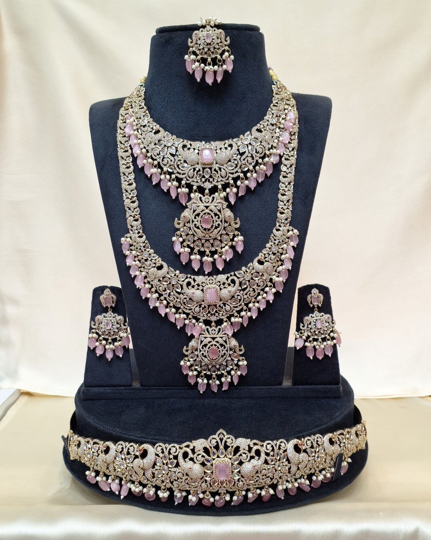 Rental Jewelry - Mehendi Victorian Bridal Jewelry with Baby Pink Masonite Stones
