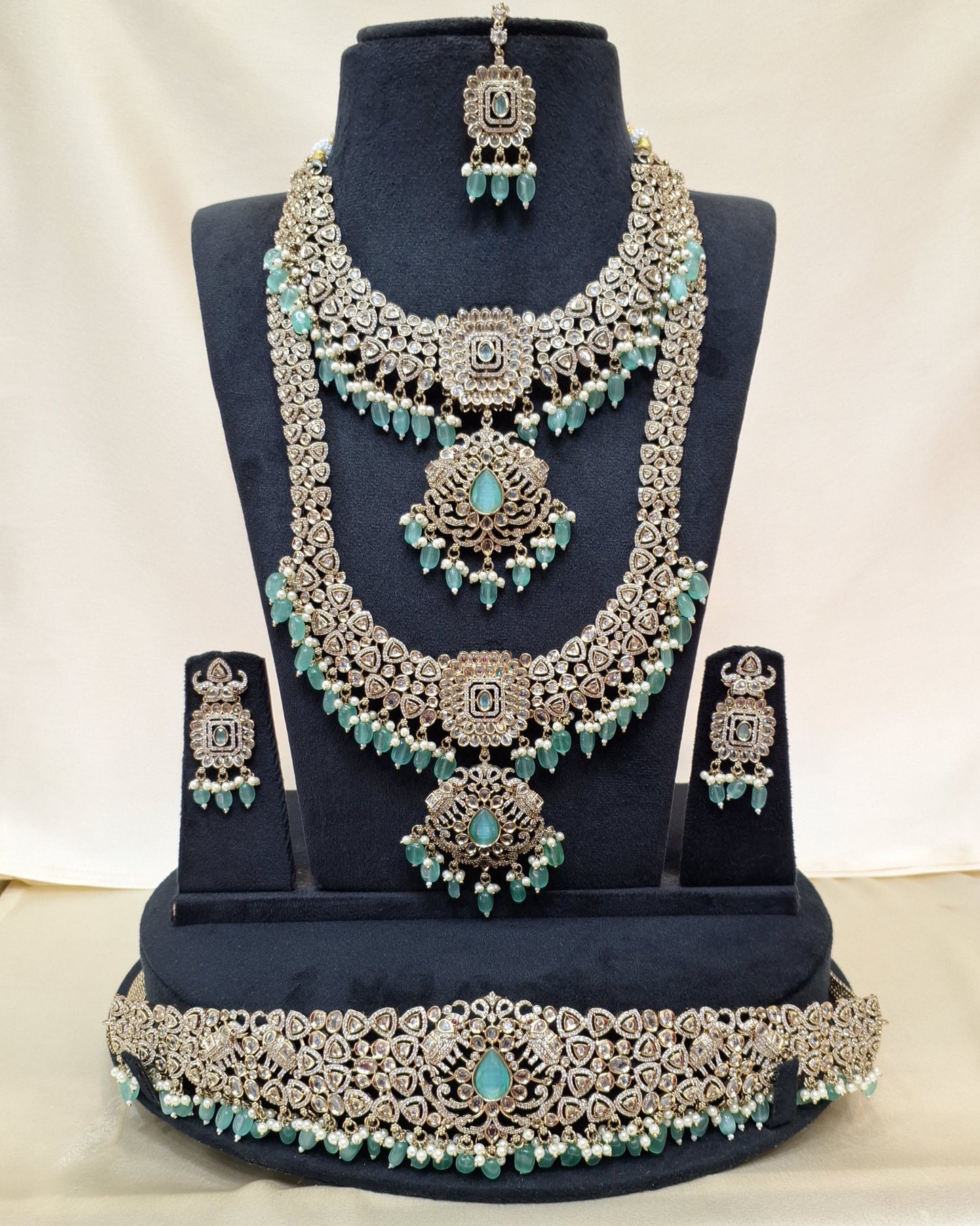Rental Jewelry - Mehendi Victorian Bridal Jewelry with Mint Green Agade Stones