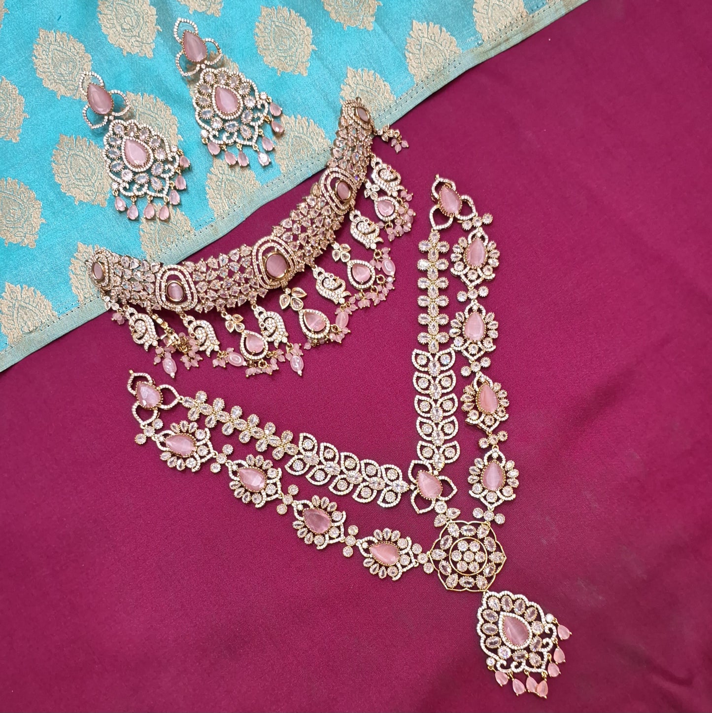 Rental Jewelry - Mehendi Victorian Bridal Jewelry with Pink Moissanite Stones