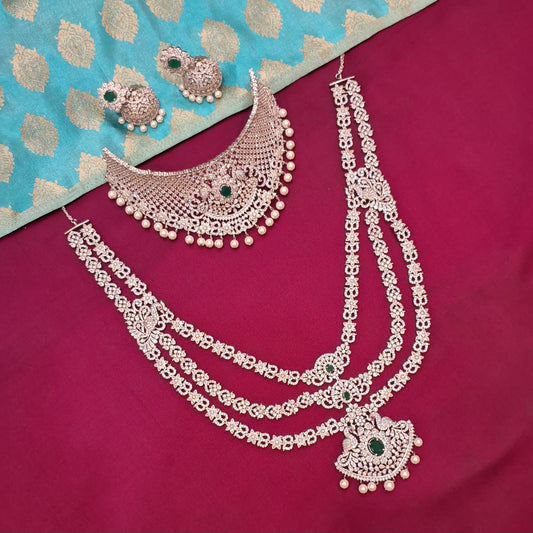 Rental Jewelry - AD Silver Finish Bridal Jewelry with Green stones