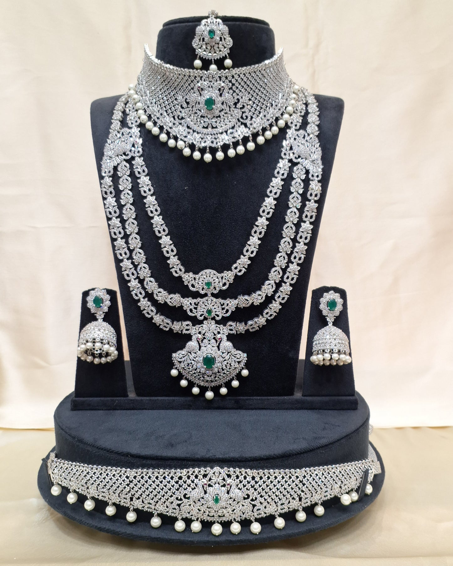 Rental Jewelry - AD Silver Finish Bridal Jewelry with Green stones
