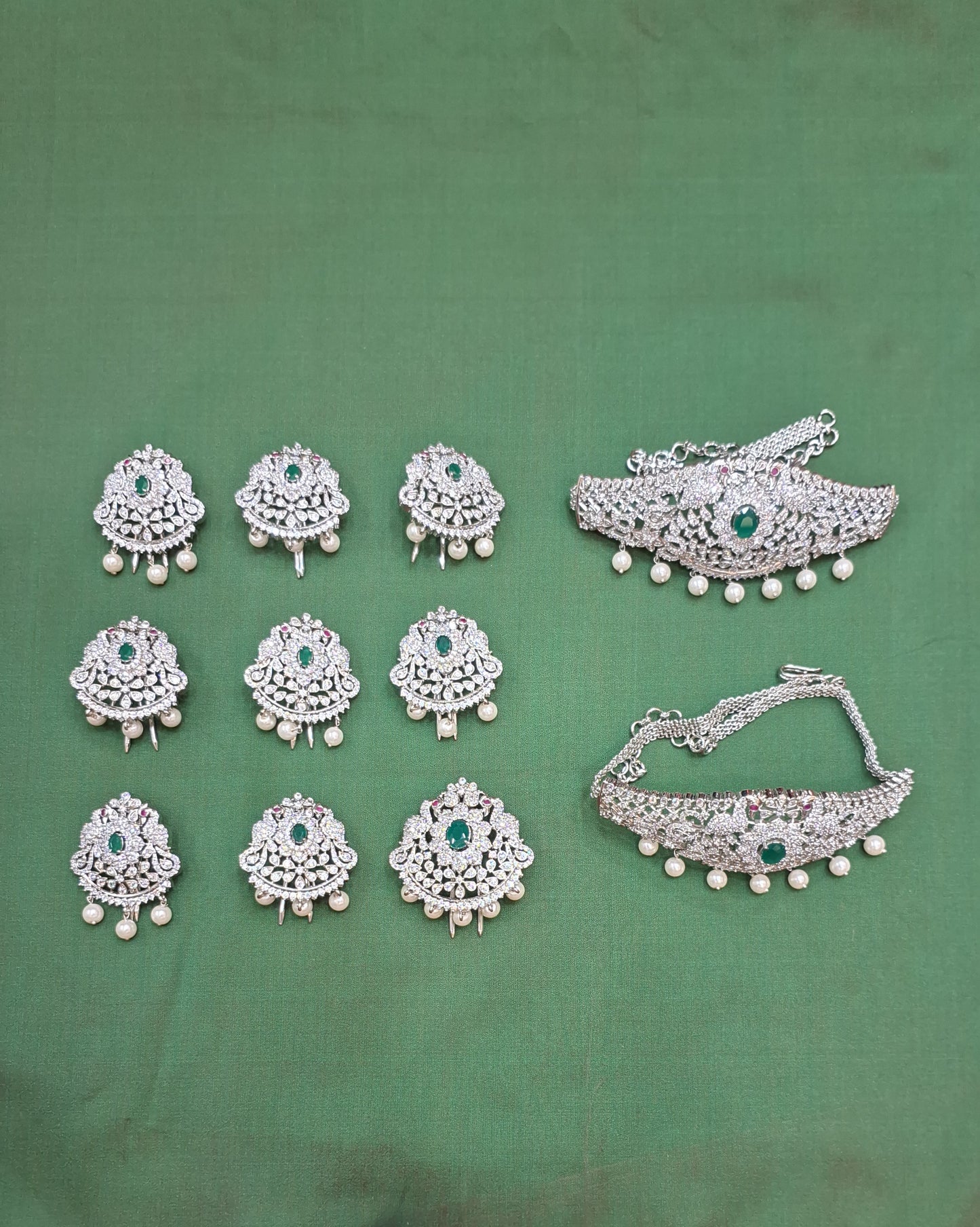 Rental Jewelry - AD Silver Finish Bridal Jewelry with Green stones
