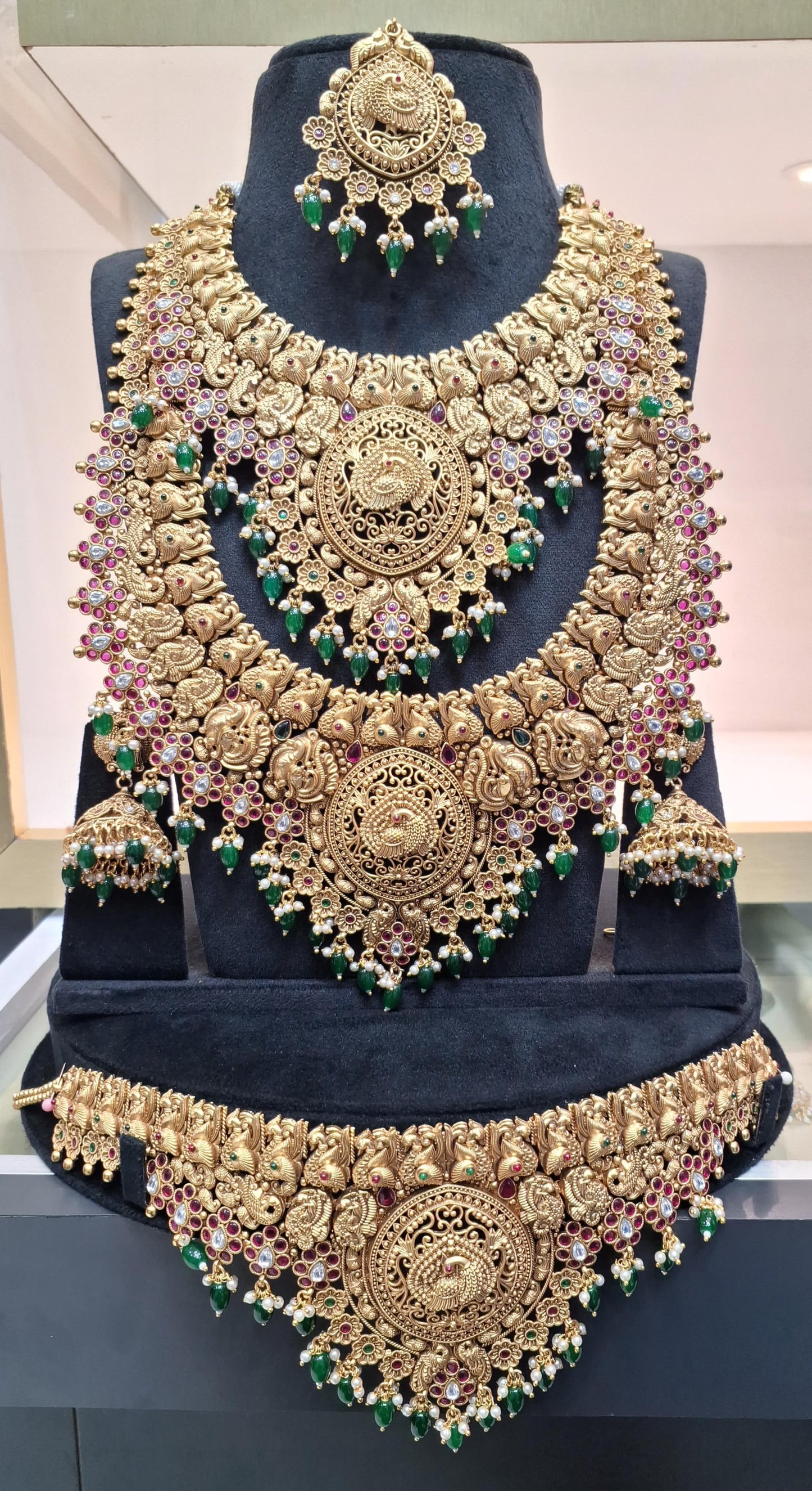 Rental Jewlery - Matt Antique Bridal Jewelry with Peacock motif and green beads