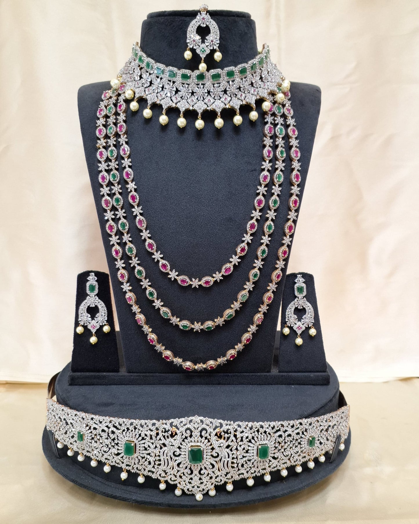 Rental Jewelry - AD GJ Simple Bridal Jewelry with Green and Ruby Zircon stones